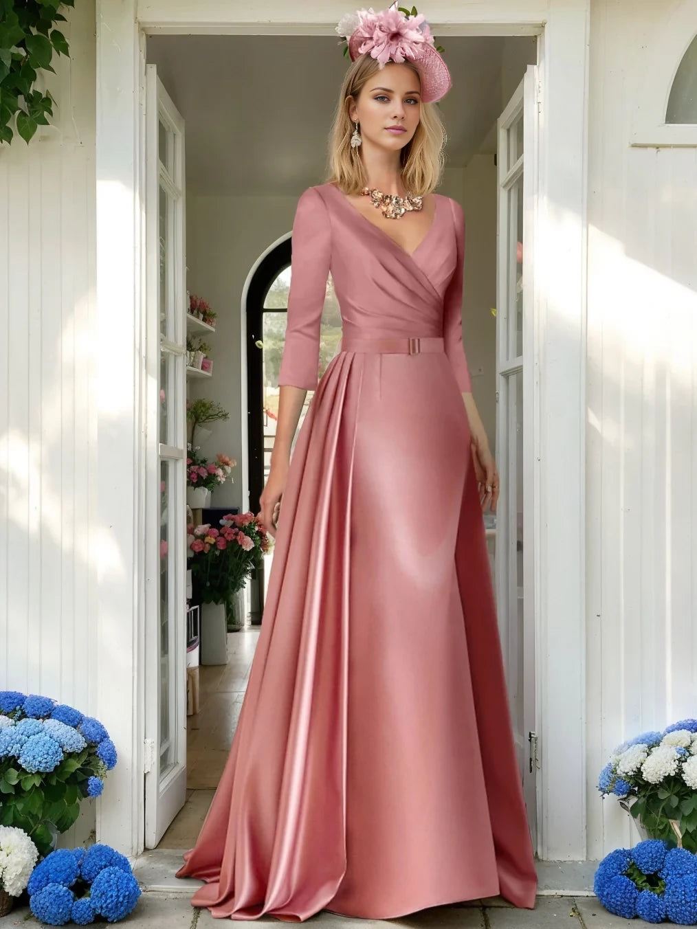 Elegant A - Line Plunging V - Neck Three - Quarter Sleeve Zipper Back Floor - Length Mother Of The Bride Dresses