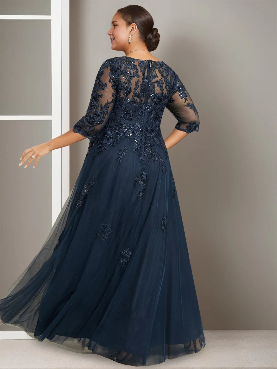 Elegant A - Line Plunging V - Neck Three - Quarter Sleeve Zipper Back Floor - Length Mother of the Bride Dresses