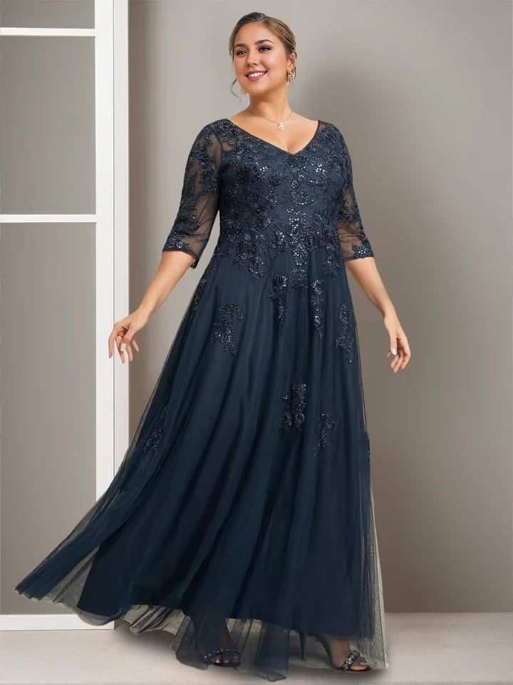 Elegant A - Line Plunging V - Neck Three - Quarter Sleeve Zipper Back Floor - Length Mother of the Bride Dresses