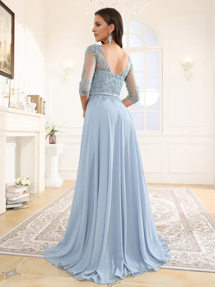 Elegant A - Line Round Neck Half - Sleeve Zipper Back Long Length Prom Dresses