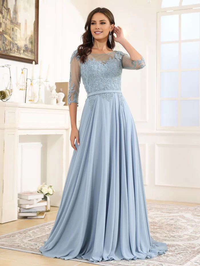 Elegant A - Line Round Neck Half - Sleeve Zipper Back Long Length Prom Dresses