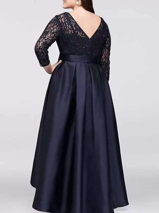Elegant A - Line Round Neck Three - Quarter Sleeve Zipper Back Asymmetrical Length Plus Size Mother of the Bride Dresses