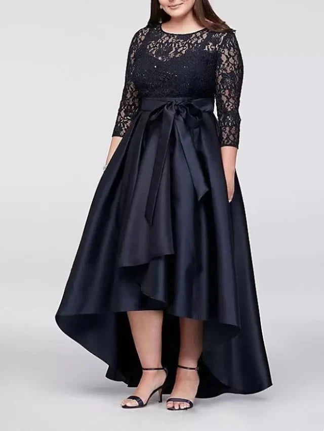 Elegant A - Line Round Neck Three - Quarter Sleeve Zipper Back Asymmetrical Length Plus Size Mother of the Bride Dresses
