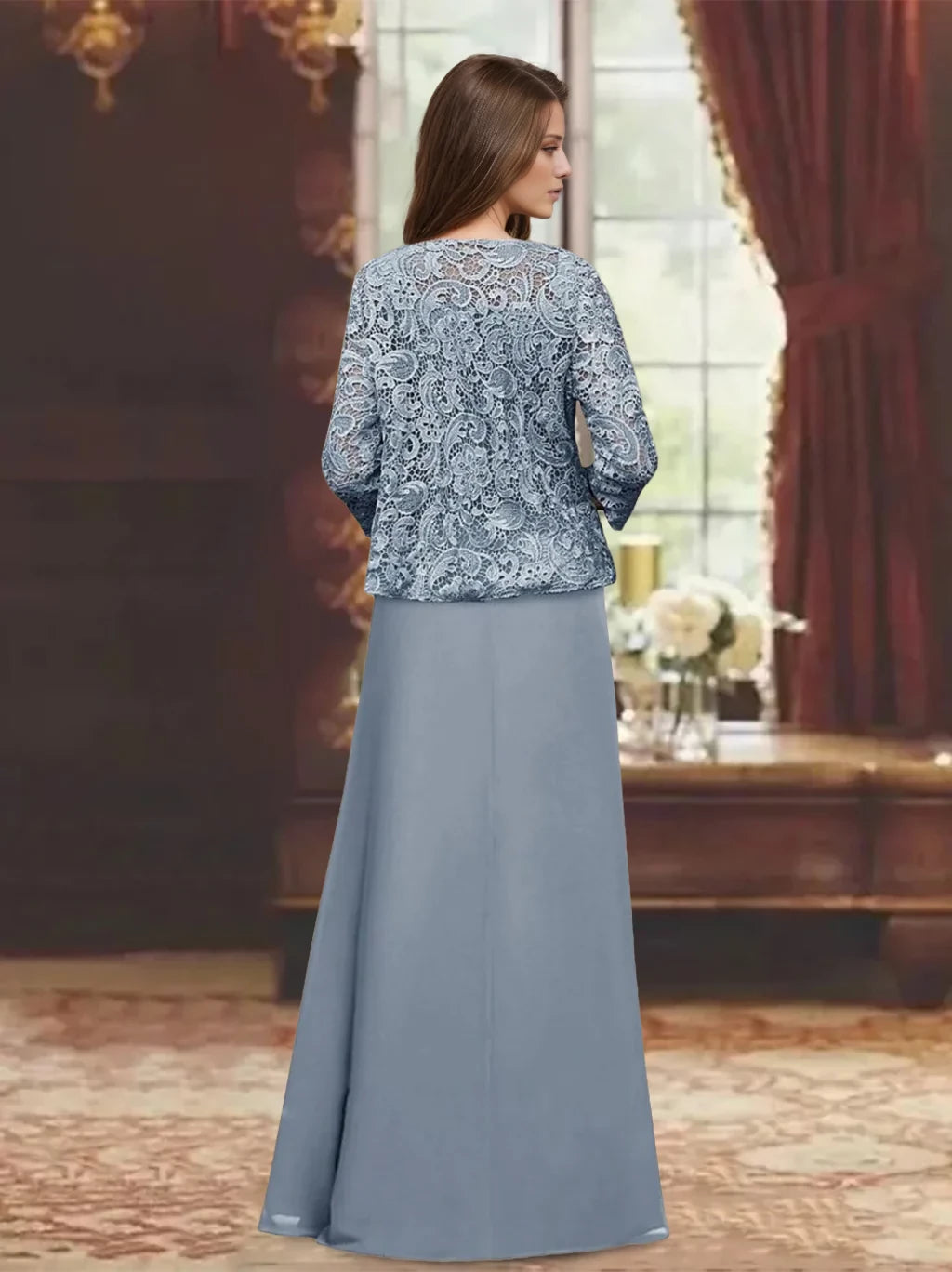 Elegant A - Line Round Neck Three - Quarter Sleeve Zipper Back Floor - Length Mother of the Bride Dresses