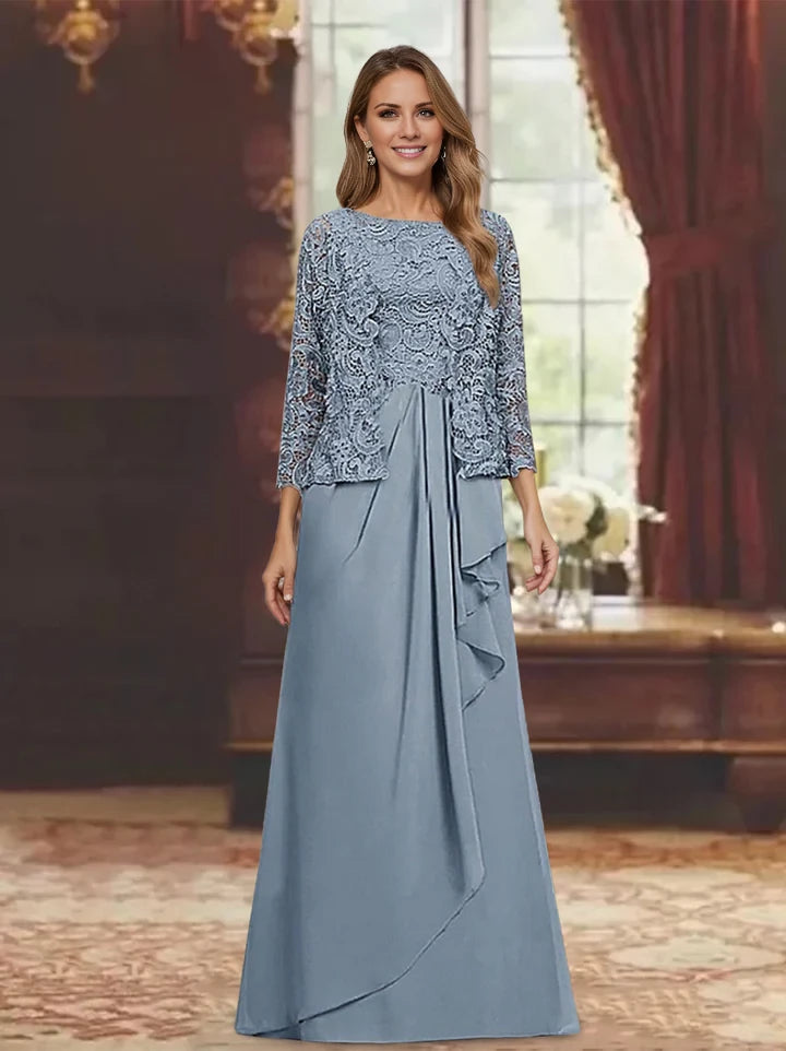 Elegant A - Line Round Neck Three - Quarter Sleeve Zipper Back Floor - Length Mother of the Bride Dresses