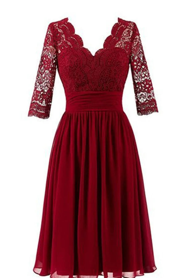 Elegant A-Line Scalloped-Lace V-Neck Three-Quarter-Sleeve Burgundy Chiffon Tea-Length Bridesmaid Dresses