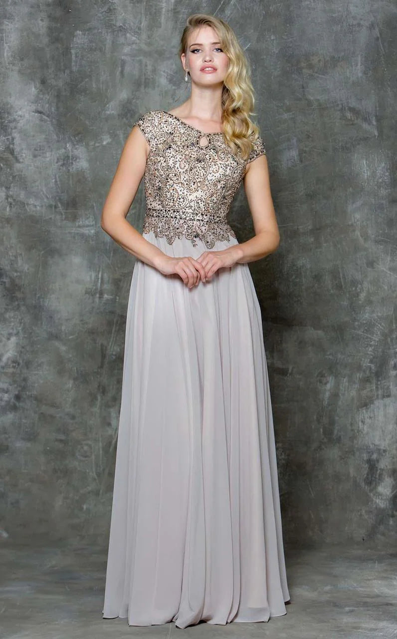 Elegant A-Line Scoop-Neck Cap-Sleeve Keyhole-Back Champagne Gold-Embellished Chiffon Floor-Length Mother of the Bride Dresses