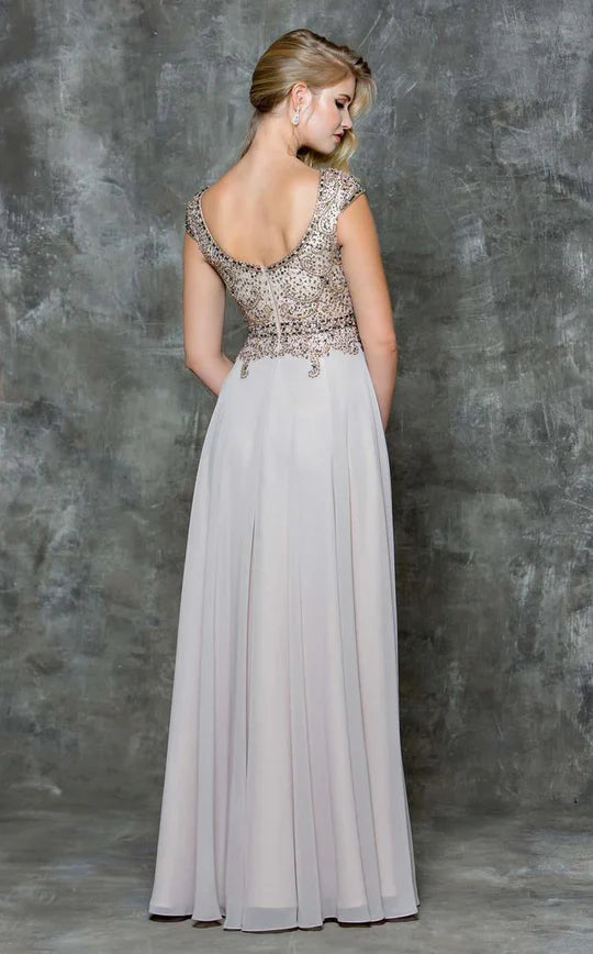 Elegant A-Line Scoop-Neck Cap-Sleeve Keyhole-Back Champagne Gold-Embellished Chiffon Floor-Length Mother of the Bride Dresses