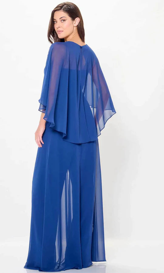 Elegant A-Line Scoop-Neck Cape-Sleeve Beaded-Accent-Slit-Back Royal Blue Chiffon Floor-Length Mother of the Bride Dresses