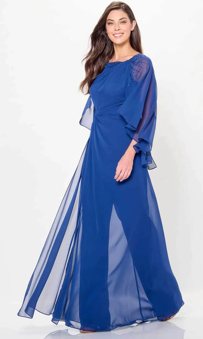 Elegant A-Line Scoop-Neck Cape-Sleeve Beaded-Accent-Slit-Back Royal Blue Chiffon Floor-Length Mother of the Bride Dresses