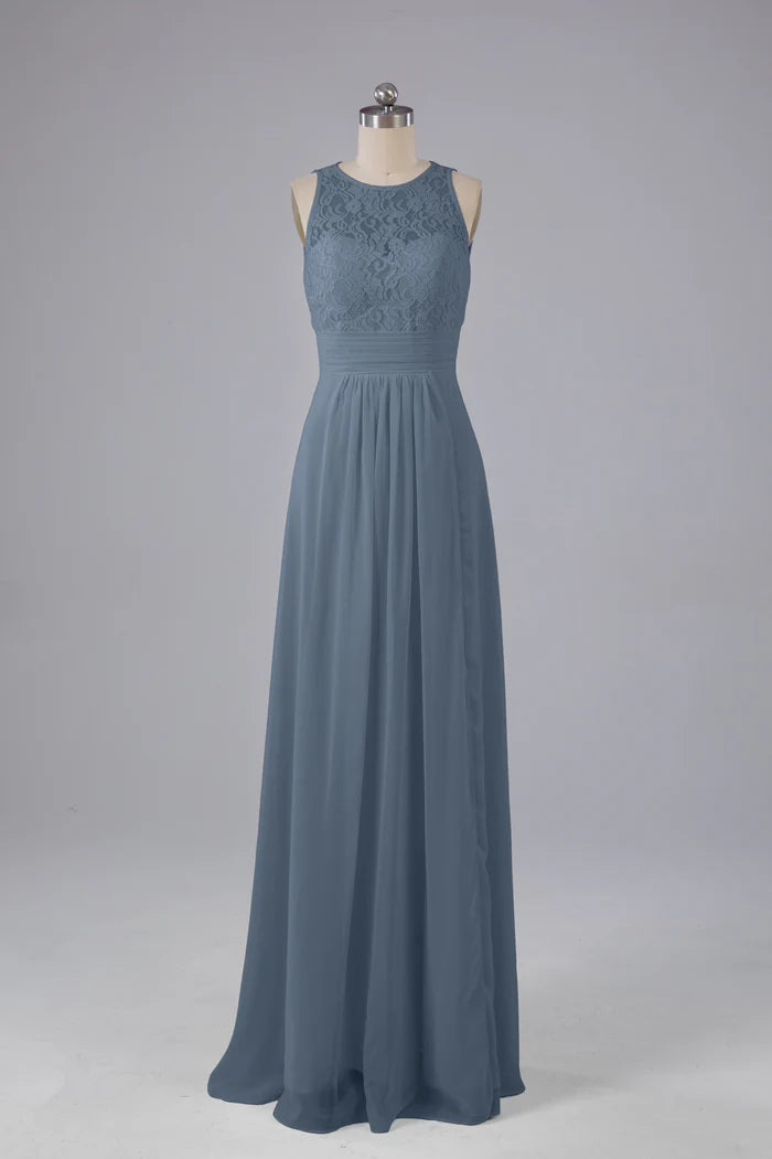 Elegant A-Line Scoop-Neck Lace Keyhole-Back Floor-Length Bridesmaid Dresses