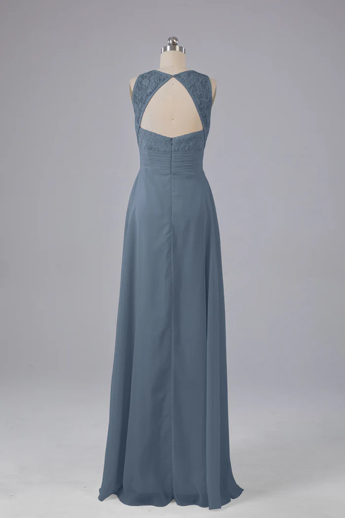 Elegant A-Line Scoop-Neck Lace Keyhole-Back Floor-Length Bridesmaid Dresses