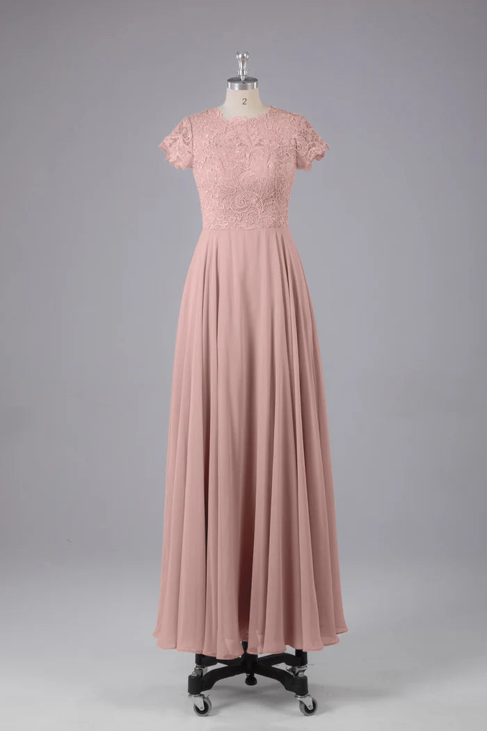 Elegant A-Line Scoop-Neck Lace-Sleeve Keyhole-Back Chiffon Floor-Length Bridesmaid Dresses