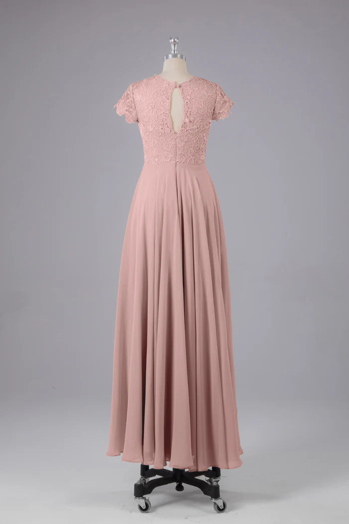 Elegant A-Line Scoop-Neck Lace-Sleeve Keyhole-Back Chiffon Floor-Length Bridesmaid Dresses