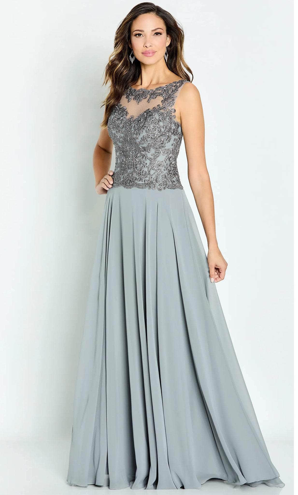 Elegant A-Line Scoop-Neck Sleeveless Beaded-Back Dusty Gray Chiffon Floor-Length Mother of the Bride Dresses