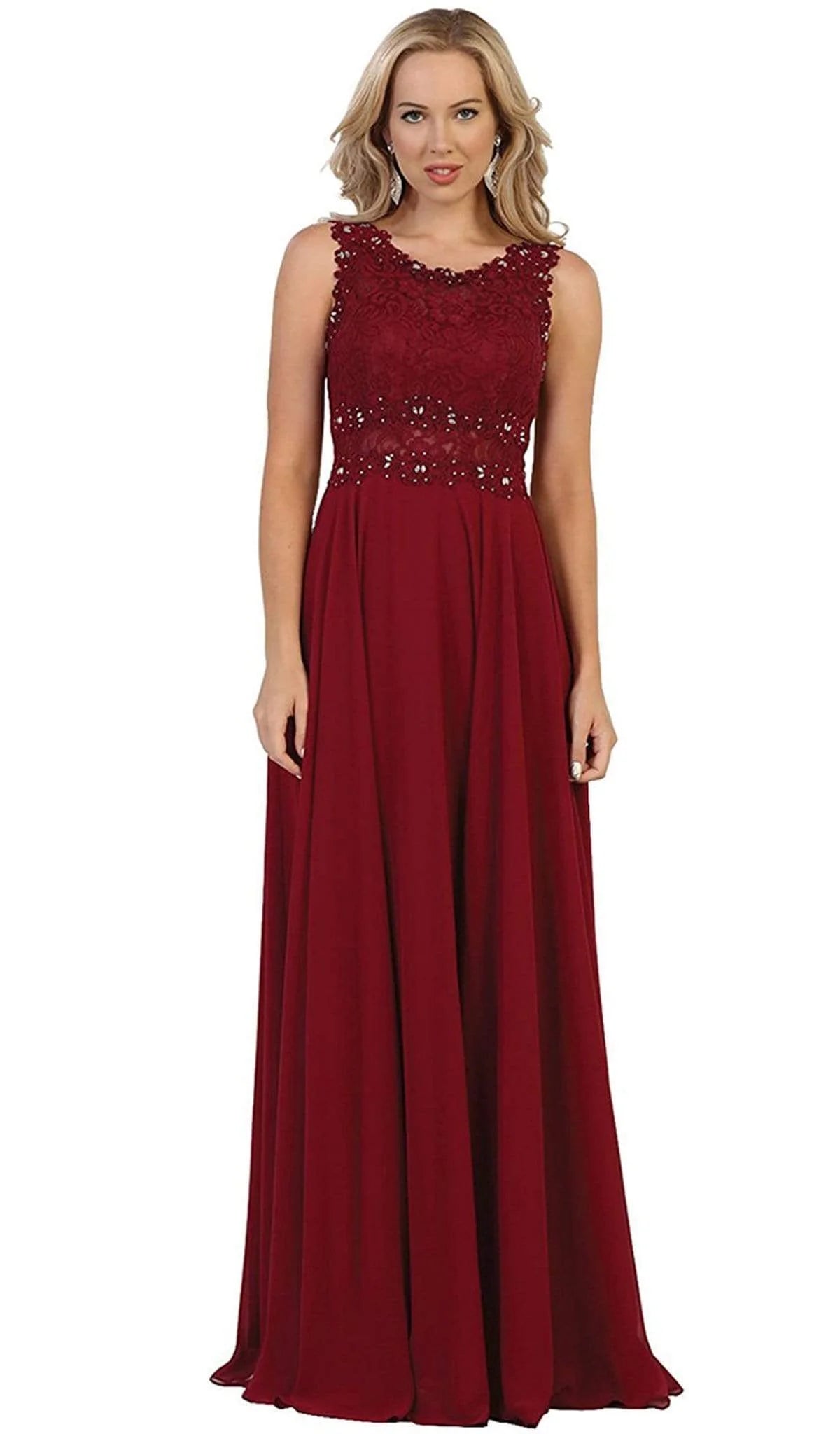 Elegant A-Line Scoop-Neck Sleeveless Lace-Back Burgundy Beaded-Chiffon Floor-Length Mother of the Bride Dresses