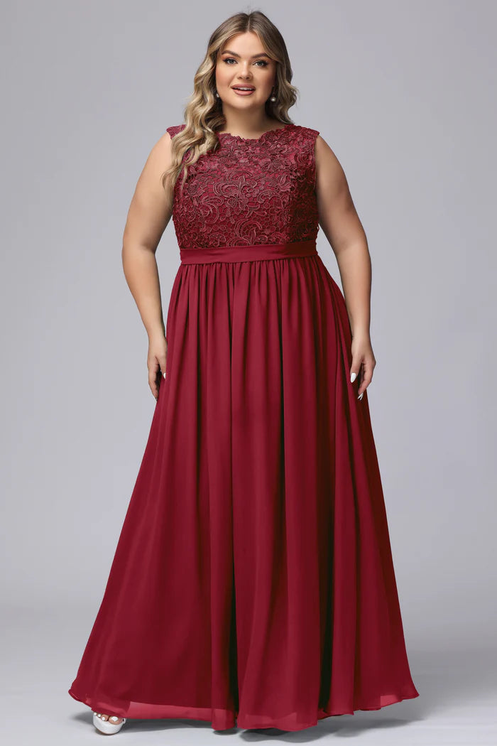 Elegant A-Line Scoop-Neck Sleeveless Lace-Overlay-Back Burgundy Chiffon Plus-Size Floor-Length Bridesmaid Dresses