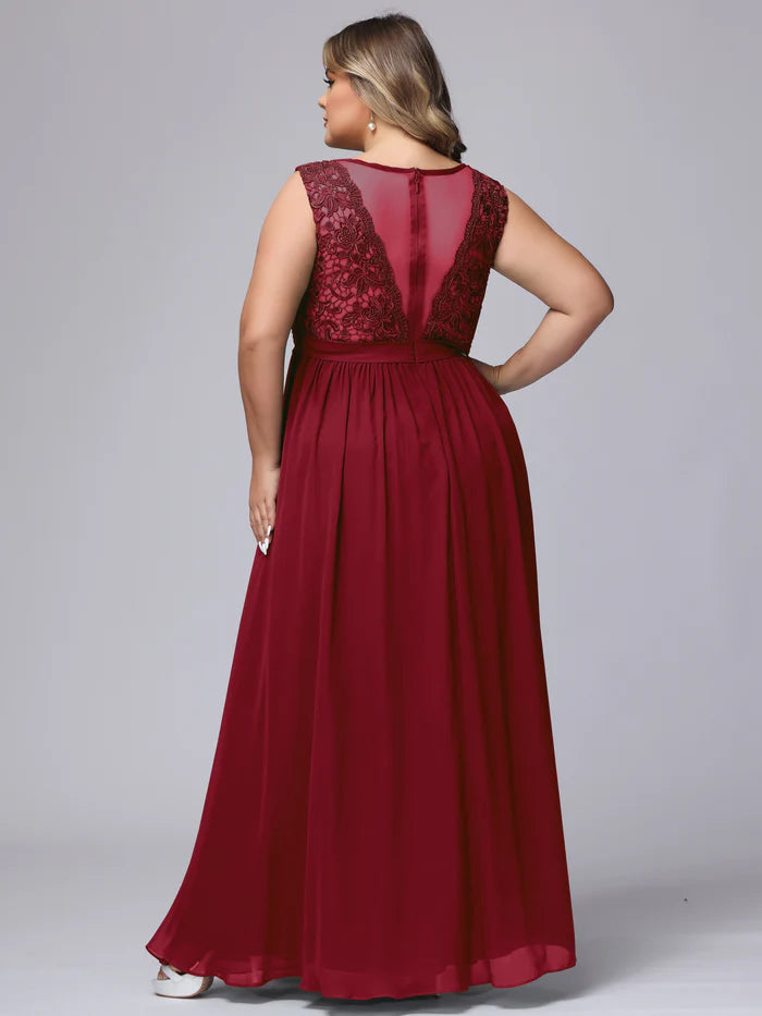 Elegant A-Line Scoop-Neck Sleeveless Lace-Overlay-Back Burgundy Chiffon Plus-Size Floor-Length Bridesmaid Dresses
