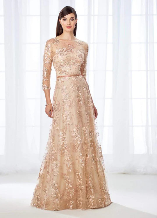 Elegant A-Line Scoop-Neck Three-Quarter-Sleeve Embroidered-Lace Champagne Tulle Floor-Length Mother of the Bride Dresses