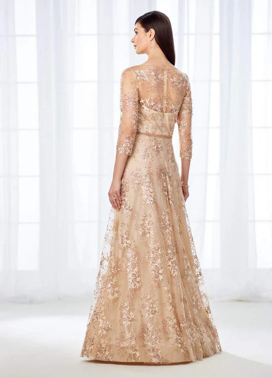 Elegant A-Line Scoop-Neck Three-Quarter-Sleeve Embroidered-Lace Champagne Tulle Floor-Length Mother of the Bride Dresses