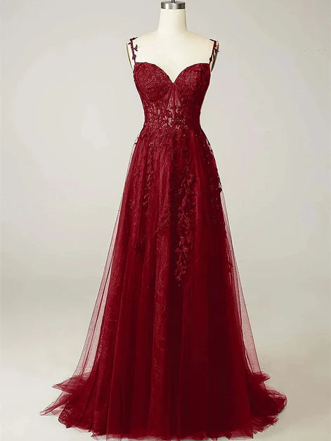 Elegant A-Line Spaghetti-Strap Lace-Tulle 3D-Floral Back-Zip Train Length Evening Dresses