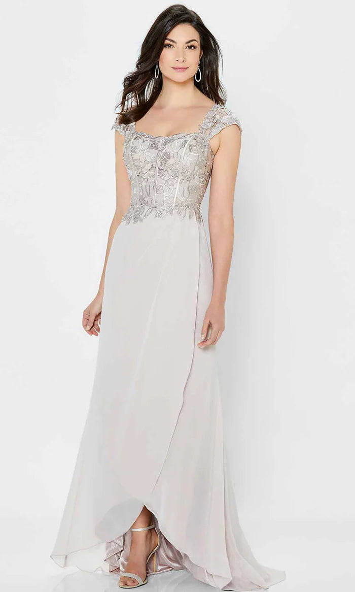 Elegant A-Line Square-Neck Cap-Lace-Sleeve-Zip-Back Champagne Chiffon Embellished Floor-Length Mother of the Bride Dresses