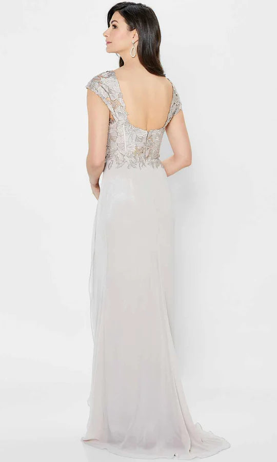 Elegant A-Line Square-Neck Cap-Lace-Sleeve-Zip-Back Champagne Chiffon Embellished Floor-Length Mother of the Bride Dresses