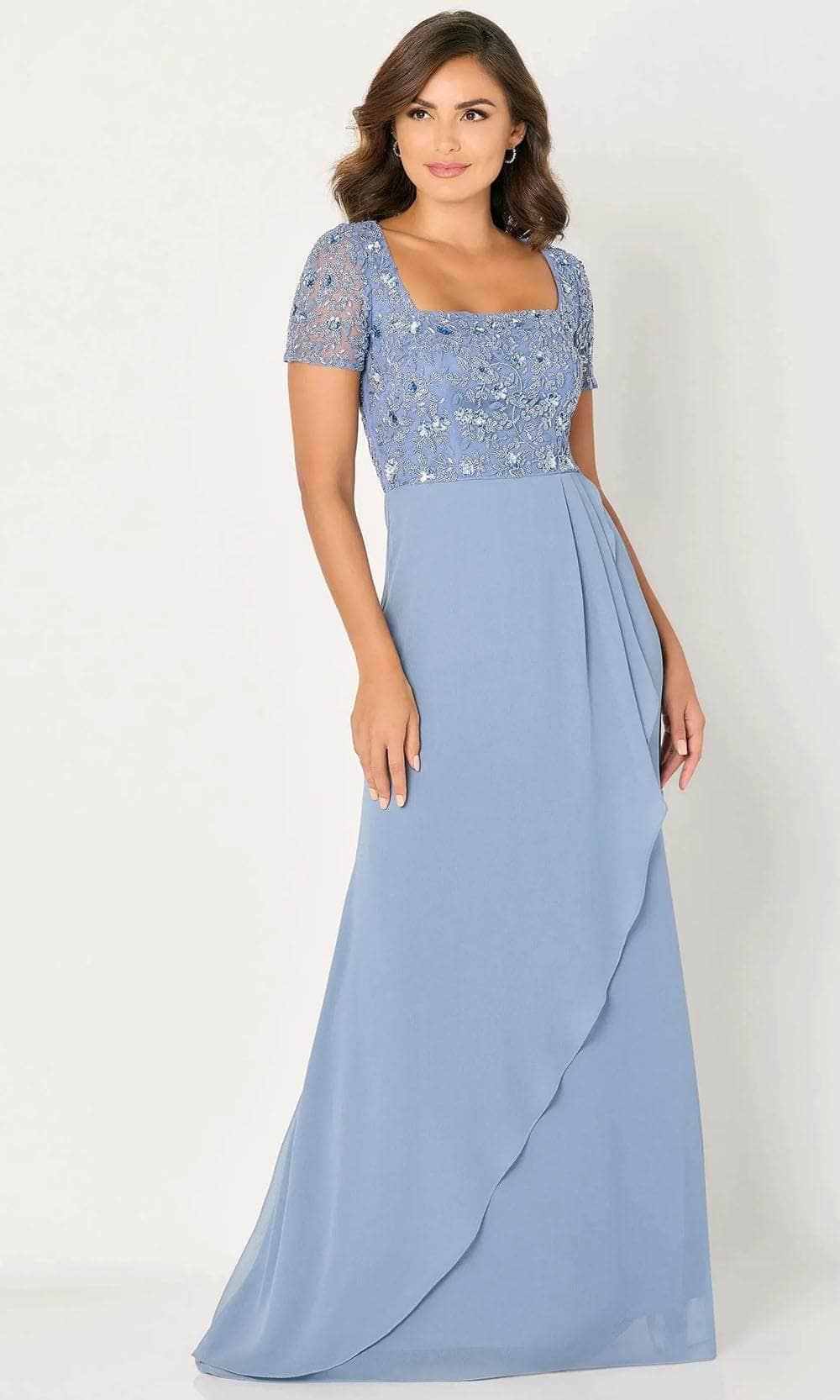 Elegant A-Line Square-Neck Cap-Sleeve Embroidered-Bodice-Back Dusty Blue Chiffon Floor-Length Mother of the Bride Dresses