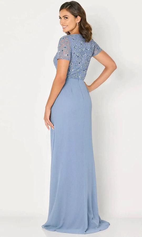 Elegant A-Line Square-Neck Cap-Sleeve Embroidered-Bodice-Back Dusty Blue Chiffon Floor-Length Mother of the Bride Dresses