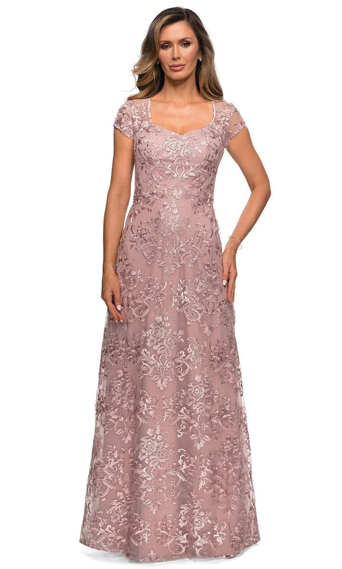 Elegant A-Line Square-Neck Cap-Sleeve Lace-Back Dusty-Rose Floral-Lace Tulle Floor-Length Mother of the Bride Dresses
