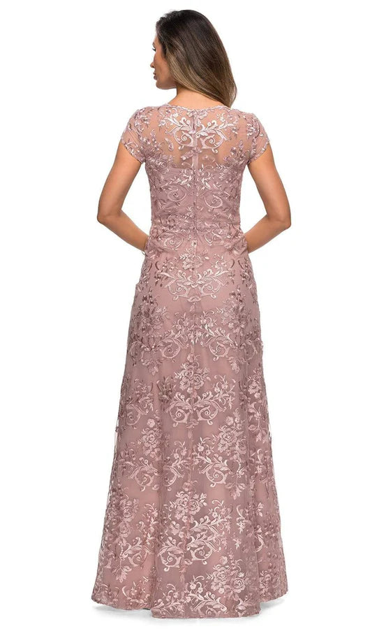 Elegant A-Line Square-Neck Cap-Sleeve Lace-Back Dusty-Rose Floral-Lace Tulle Floor-Length Mother of the Bride Dresses