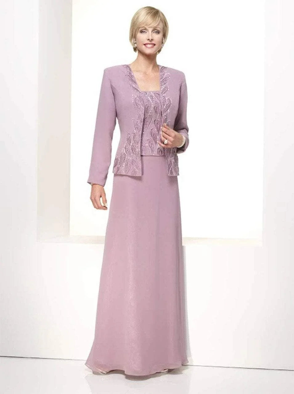 Elegant A-Line Square-Neck Long-Sleeve Embellished-Two-Piece Dusty-Lilac Glitter-Chiffon Floor-Length Mother of the Bride Dresses