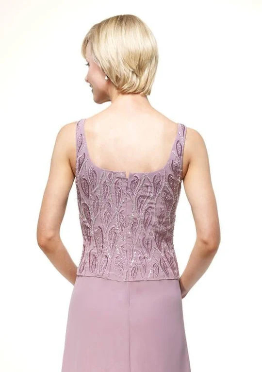 Elegant A-Line Square-Neck Long-Sleeve Embellished-Two-Piece Dusty-Lilac Glitter-Chiffon Floor-Length Mother of the Bride Dresses