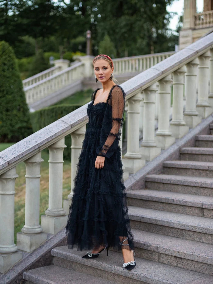 Elegant A - Line Square Neck Long Sleeve Zipper Back Long Length Prom Dresses