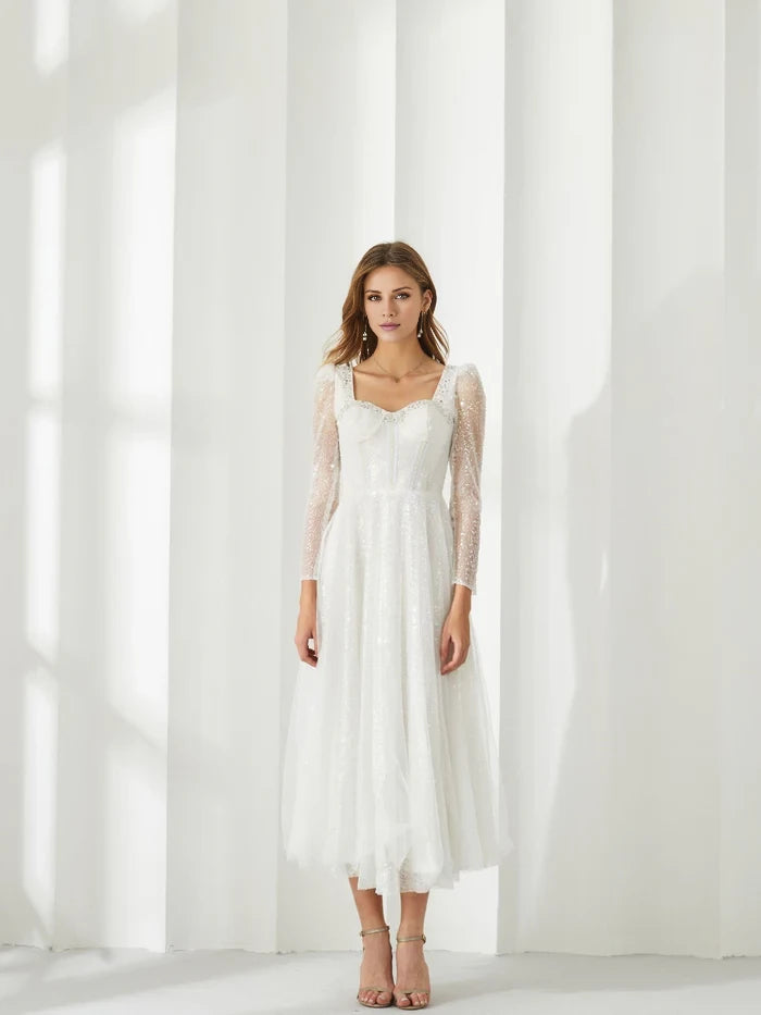 Elegant A - Line Square Neck Long Sleeve Zipper Back Midi Length Prom Dresses