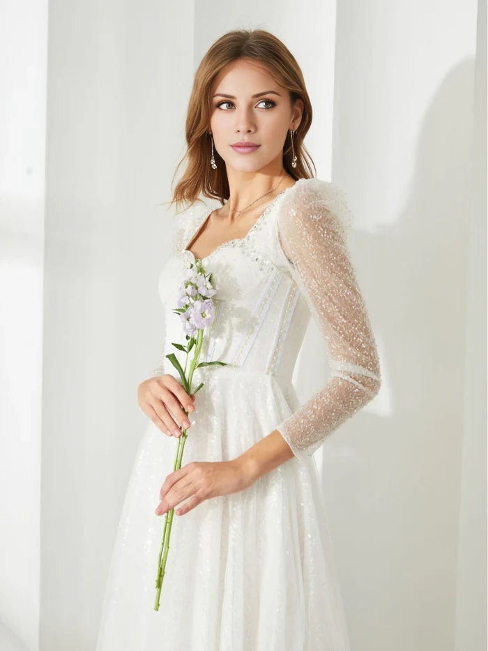 Elegant A - Line Square Neck Long Sleeve Zipper Back Midi Length Prom Dresses