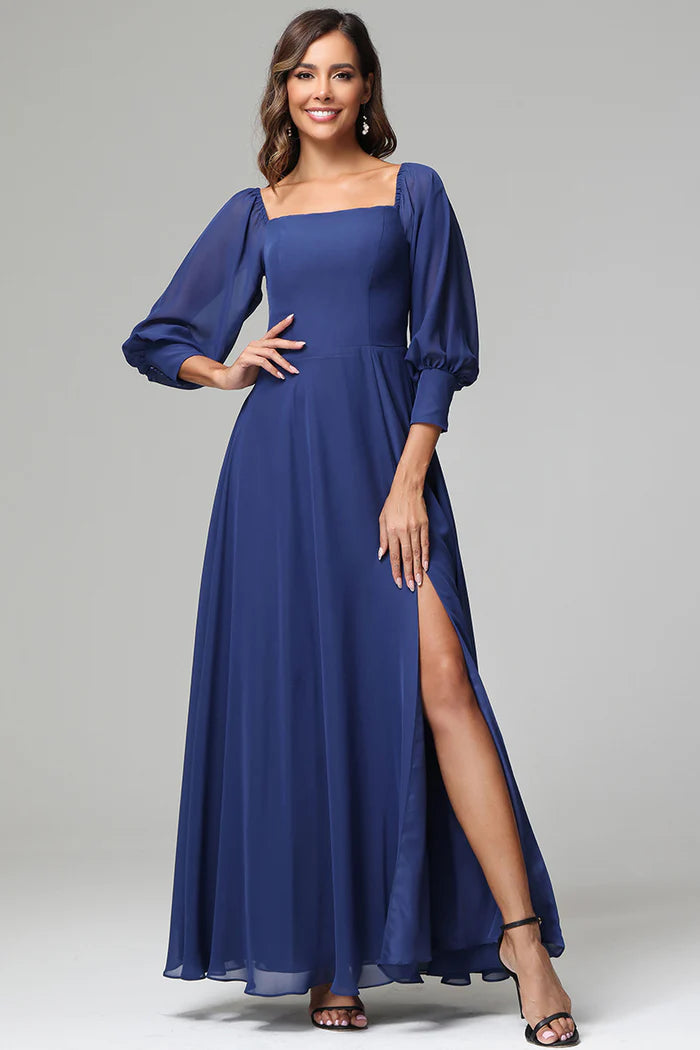 Elegant A-Line Square-Neck Puff-Sleeve Open-Back Navy Chiffon Floor-Length Bridesmaid Dresses