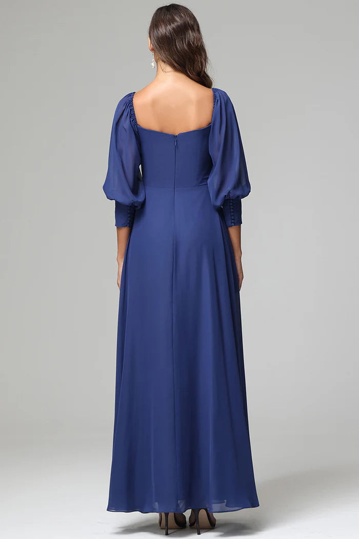 Elegant A-Line Square-Neck Puff-Sleeve Open-Back Navy Chiffon Floor-Length Bridesmaid Dresses