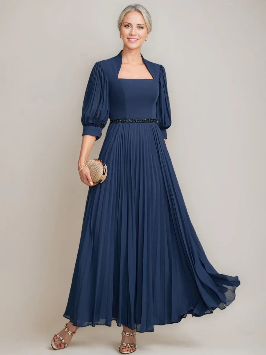 Elegant A - Line Square Neck Puff - Sleeve Zipper Back Floor - Length Mother of the Bride Dresses