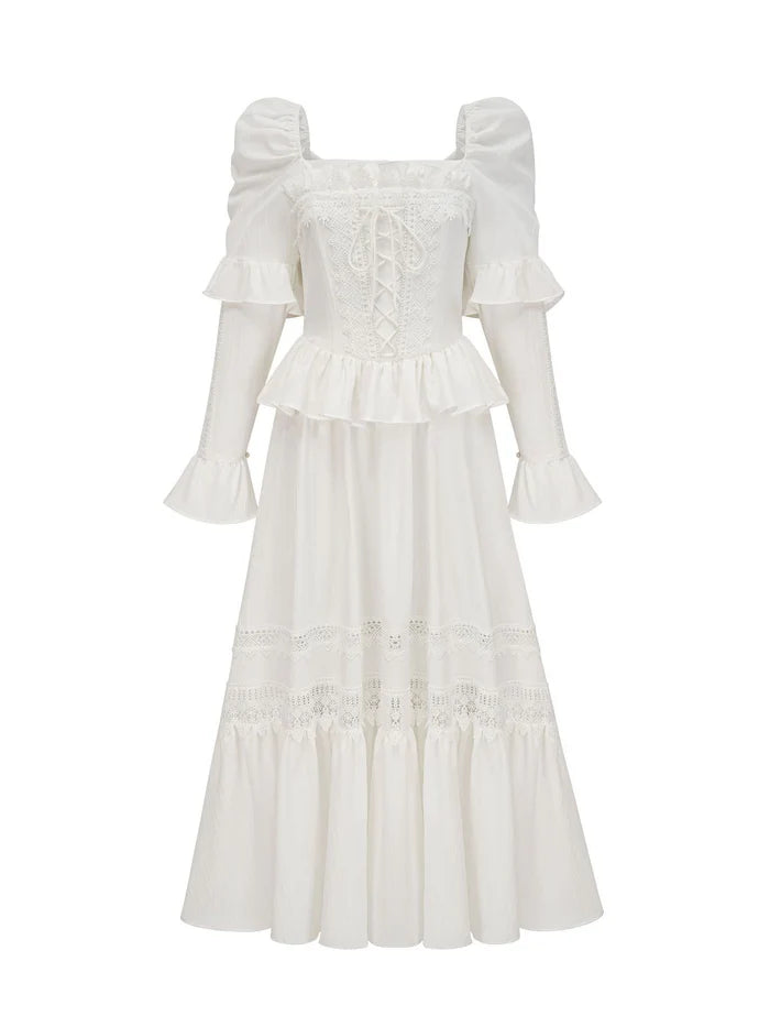 Elegant A - Line Square Neck Ruffled Long Sleeve Zipper Back Long Length Prom Dresses