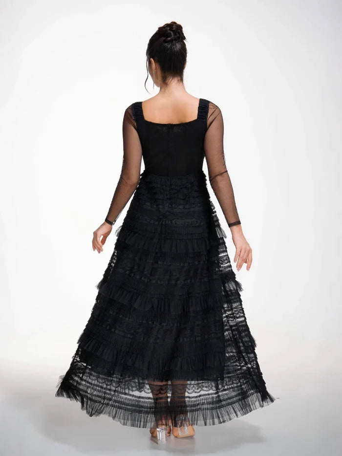 Elegant A - Line Square Neck Sheer Long Sleeve Zipper Back Long Length Prom Dresses