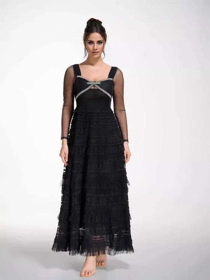 Elegant A - Line Square Neck Sheer Long Sleeve Zipper Back Long Length Prom Dresses