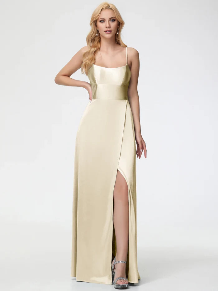 Elegant A - Line Square Neck Sleeveless Button Back Long Length Prom Dresses