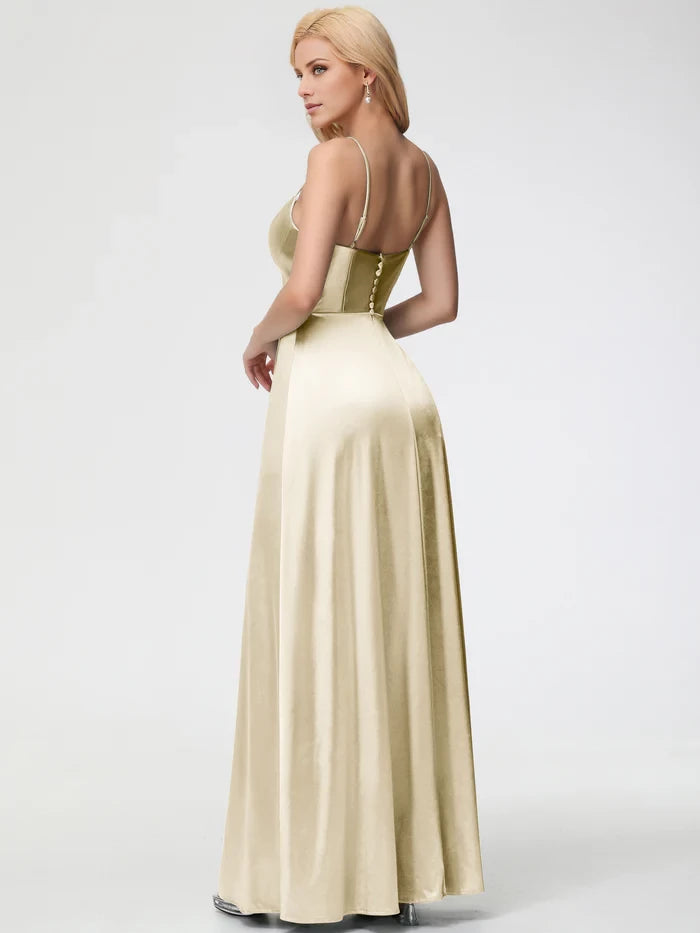 Elegant A - Line Square Neck Sleeveless Button Back Long Length Prom Dresses