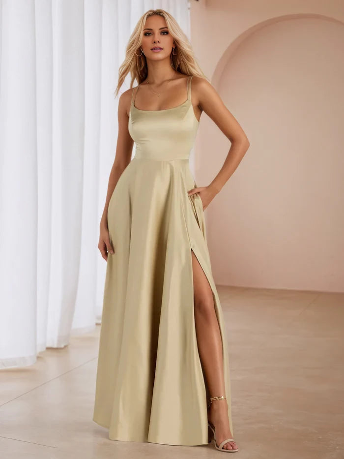 Elegant A - Line Square Neck Sleeveless Criss - Cross Back Long Length Prom Dresses