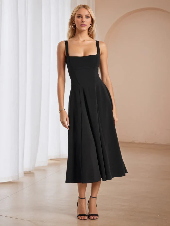 Elegant A - Line Square Neck Sleeveless Lace - Up Back Midi Length Prom Dresses