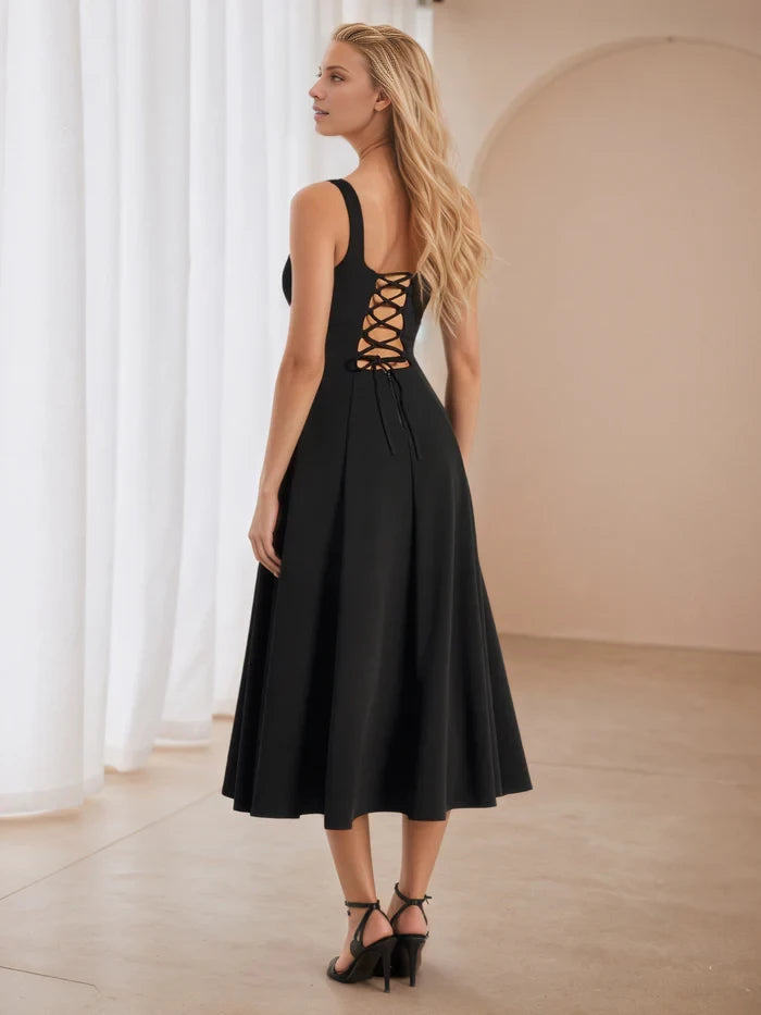 Elegant A - Line Square Neck Sleeveless Lace - Up Back Midi Length Prom Dresses