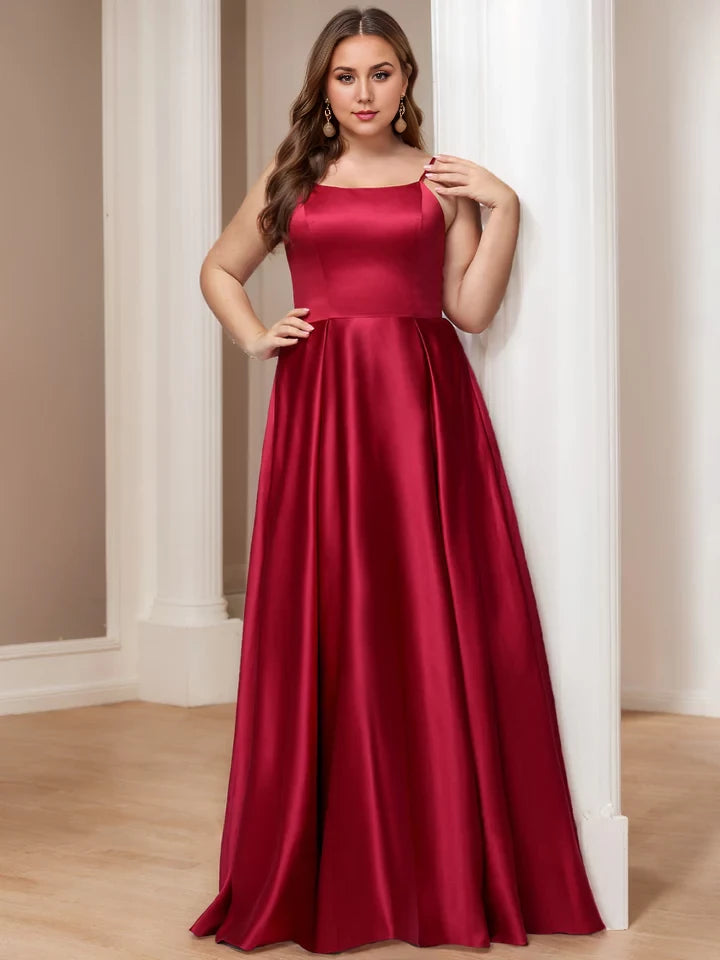 Plus Size Elegant A - Line Square Neck Sleeveless Open Back Long Length Prom Dresses