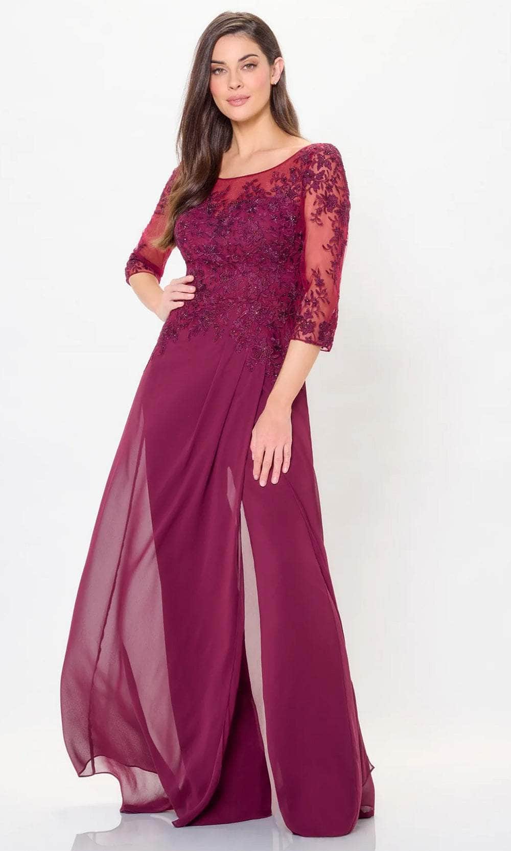 Elegant A-Line Square-Neck Three-Quarter-Lace-Sleeve-Zip-Back Burgundy Chiffon Floor-Length Mother of the Bride Dresses