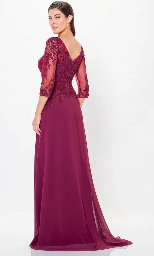 Elegant A-Line Square-Neck Three-Quarter-Lace-Sleeve-Zip-Back Burgundy Chiffon Floor-Length Mother of the Bride Dresses